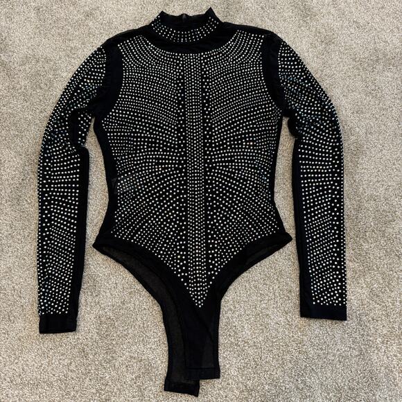 new small sheer mesh all over rhinestone mock neck bodysuit TLS2 2257 - Picture 9 of 11
